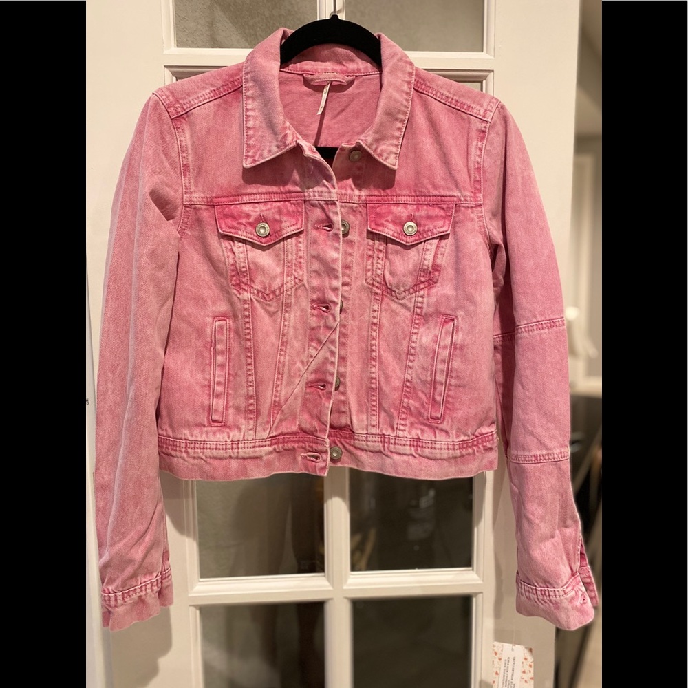 Free People Rumors Pink Acid Wash Denim Jacket NWT